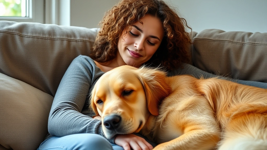 A woman with curly hair sitting on a couch with a calm golden retriever resting its head on her lap, natural sunlight from wi