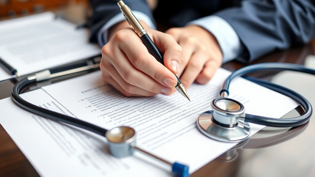 Close-up of a licensed therapist's hands holding a pen over official letterhead on a desk with a stethoscope visible, profess