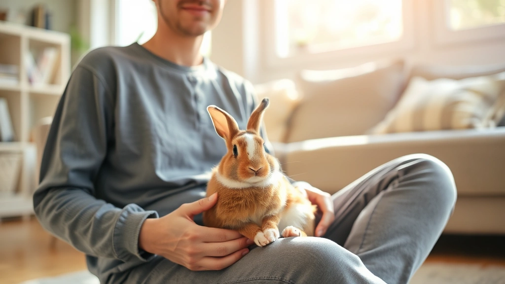 A person sitting peacefully with a brown and white rabbit on their lap in a comfortable living room, sunlight streaming throu