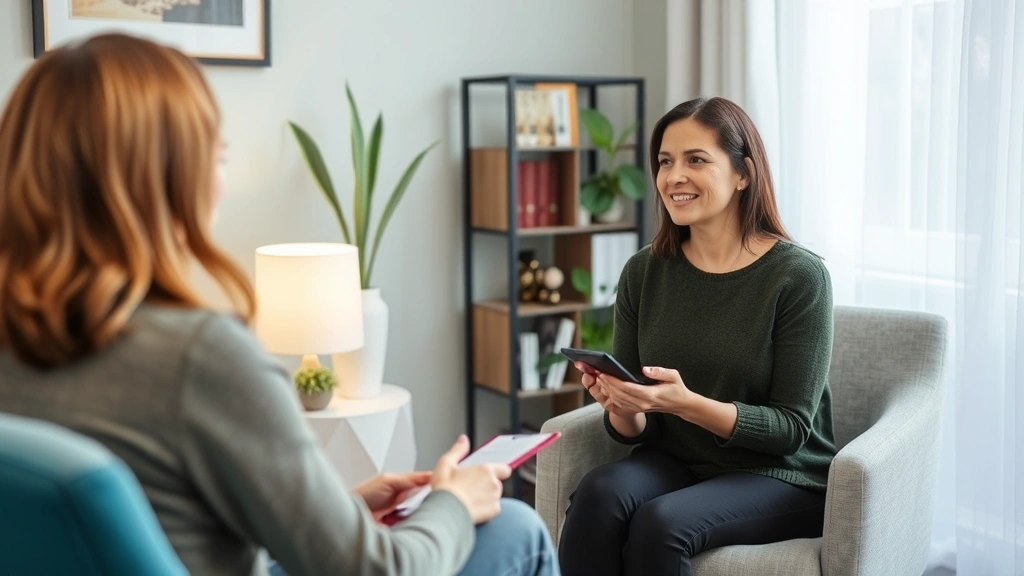 Licensed therapist conducting mental health evaluation with patient in warm clinical office setting during appointment