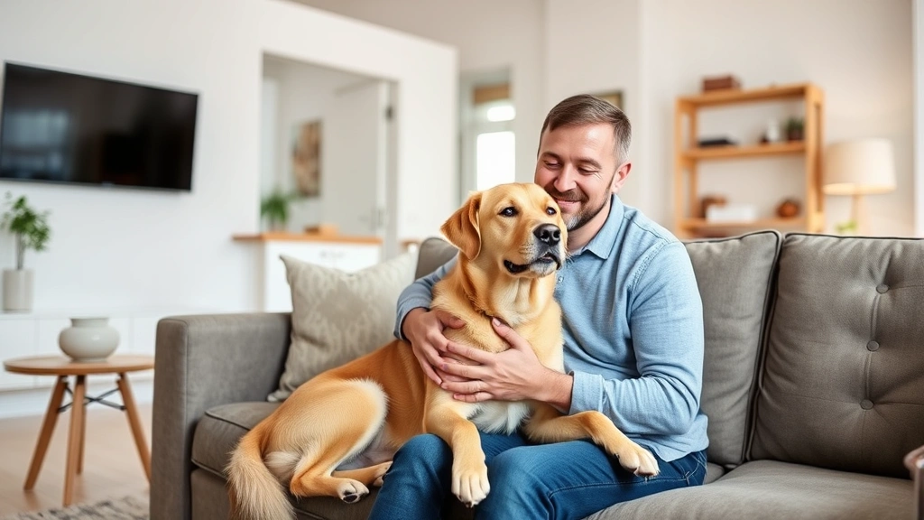 Person sitting peacefully with emotional support dog in modern apartment living room showing bond and comfort