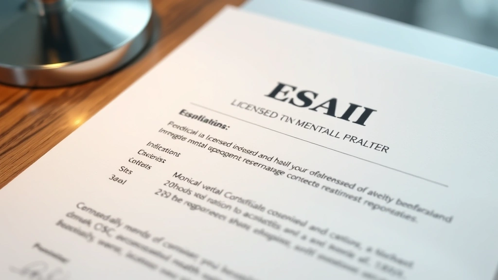 Close-up of official ESA letter document on desk with licensed mental health provider credentials visible