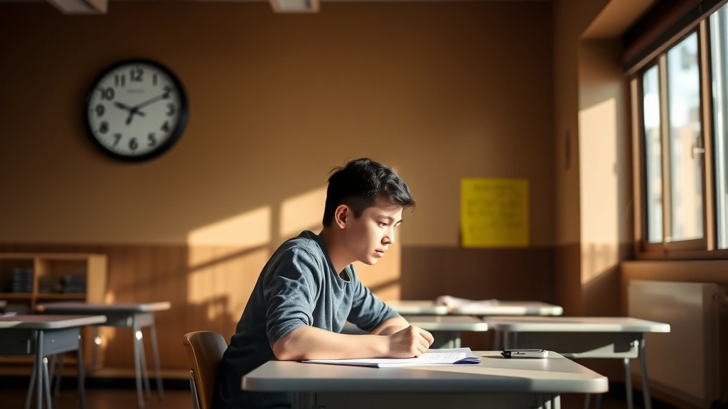Student sitting at desk in quiet testing center with clock on wall, focused expression, natural lighting through window