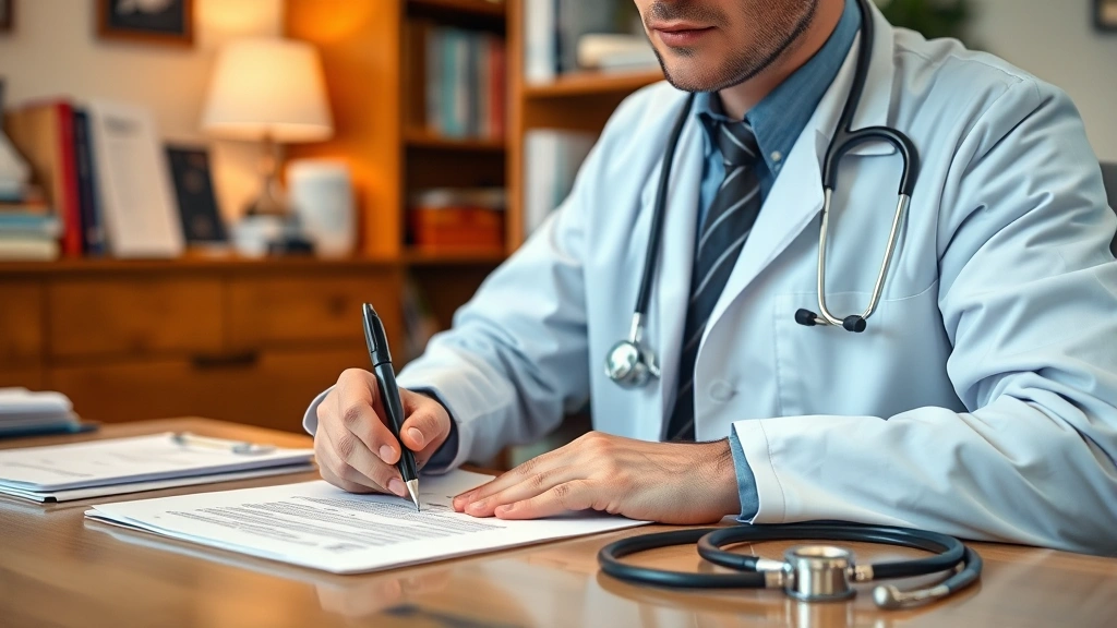 Healthcare provider writing professional letter at desk with stethoscope nearby, warm office environment, paperwork visible