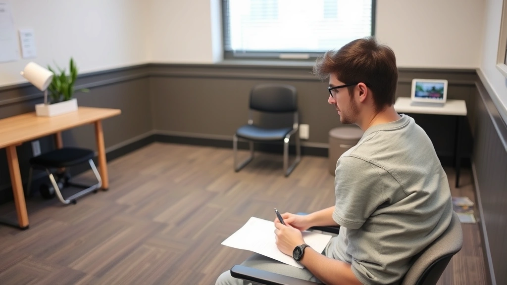 Young adult in accessible testing room with accommodations setup, relaxed posture, taking exam with extra time available