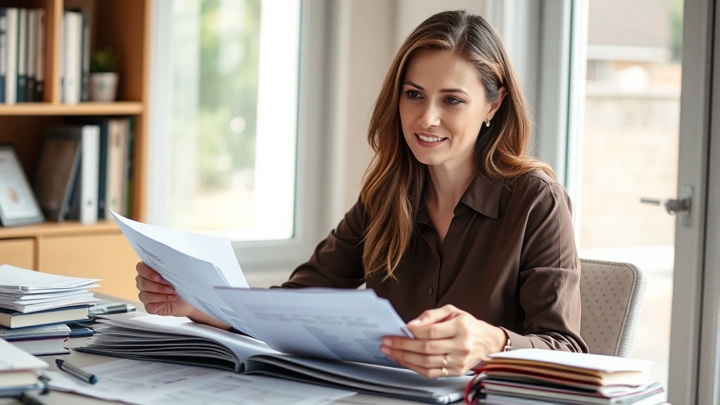 Woman at desk reviewing financial documents and medical papers in organized folders, natural lighting from window, calm focus