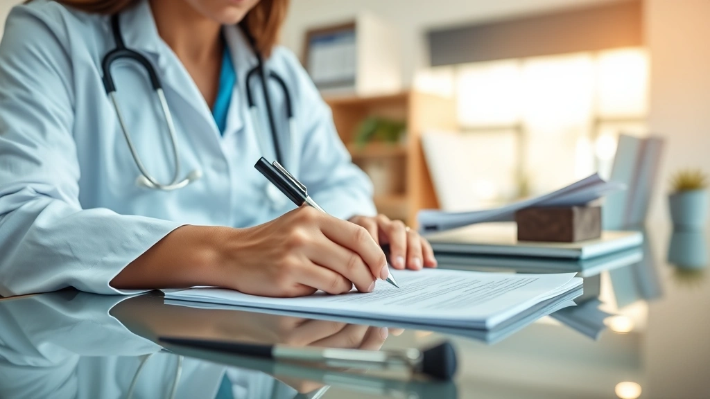 Healthcare provider writing letter at desk with stethoscope and medical documents visible, professional office setting, warm