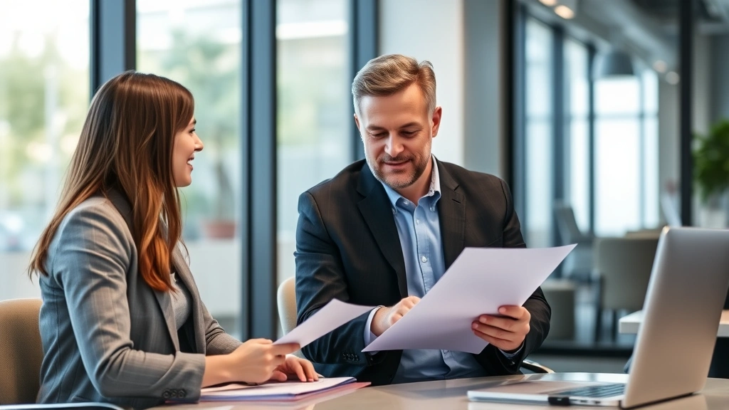 Person meeting with financial advisor in modern office, reviewing documents together, supportive professional environment, da