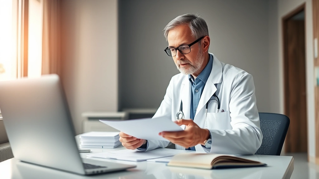 Professional healthcare provider in white coat reviewing medical documents at desk with calm supportive expression warm clini