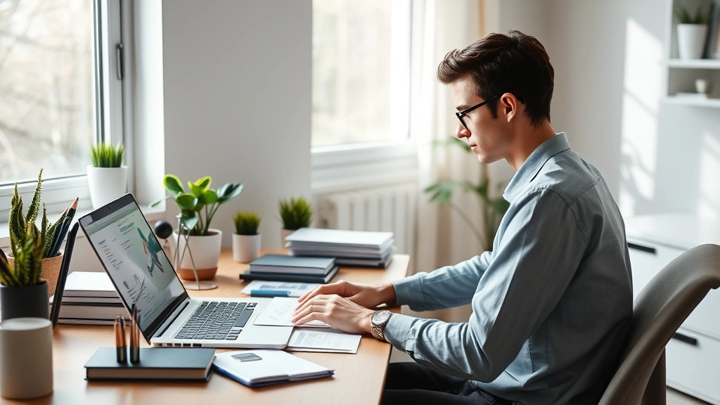 Person working from home laptop with medical documents nearby organized workspace natural daylight coming through window peac