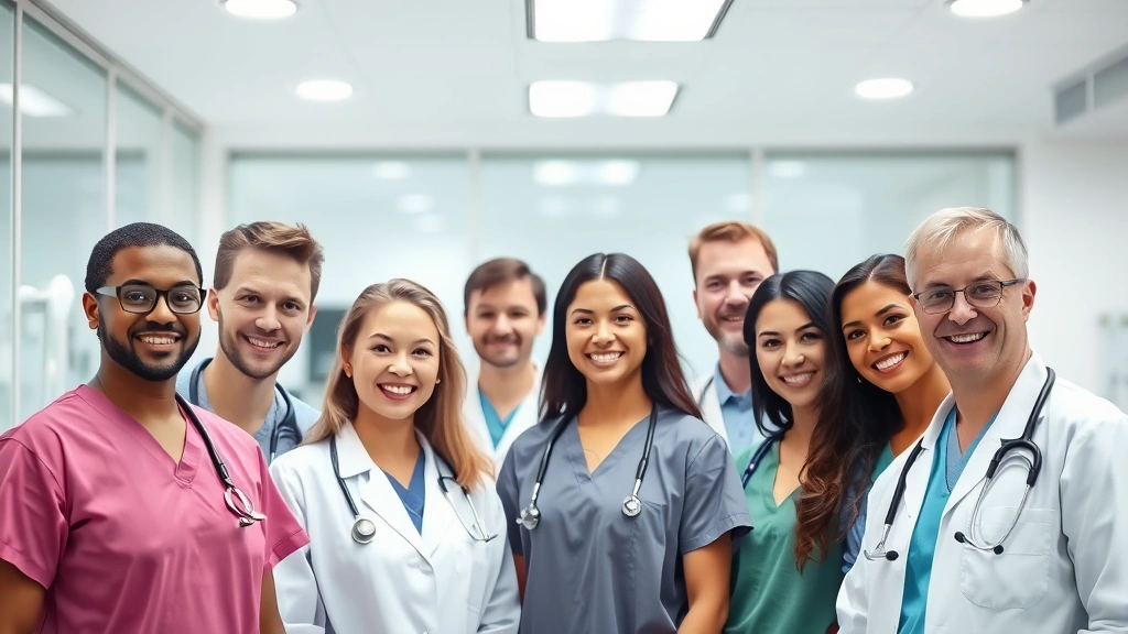 Diverse group of healthcare professionals smiling in modern clinic environment stethoscopes and medical equipment visible pro