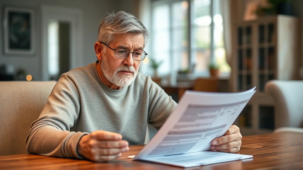 A middle-aged person reviewing medical documents at home, holding papers with concerned thoughtful expression, warm indoor li