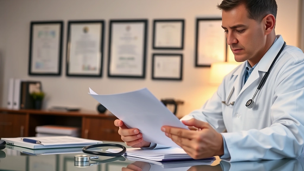 Doctor in white coat reviewing patient file at desk with stethoscope visible, professional office setting with medical diplom