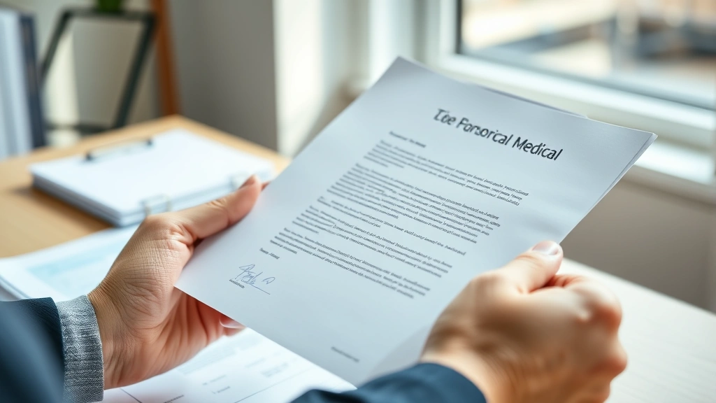 Close-up of hands holding official medical letterhead documents, natural window light, focused professional appearance, paper