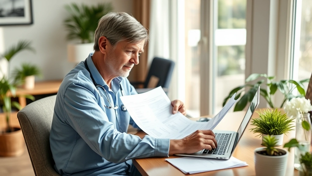 Patient at home reviewing medical documents and financial paperwork on desk with laptop, natural light, supportive healthcare