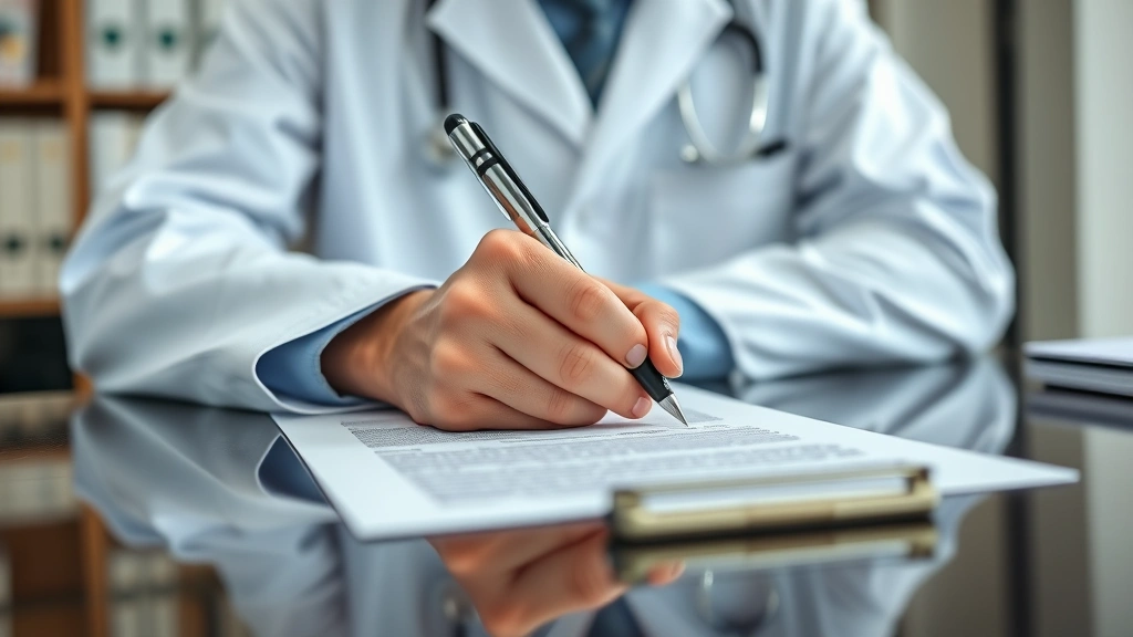 Doctor in white coat at desk signing official medical letter with pen, professional medical office background, focus on docum