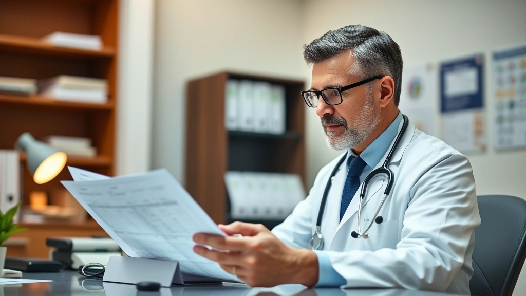 Doctor in white coat reviewing medical chart at desk with stethoscope, warm office lighting, professional healthcare setting