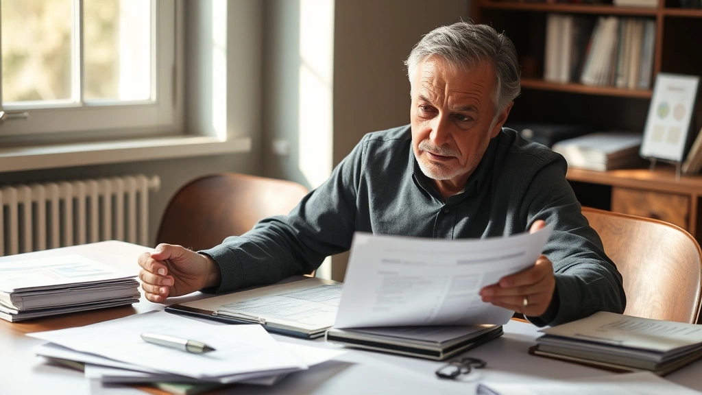 Person sitting at table reviewing financial documents and bills with concerned expression, natural window light, organized pa
