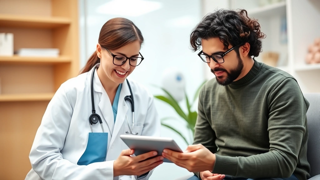 Diverse doctor and patient in consultation room discussing medical condition, both looking at tablet, professional healthcare
