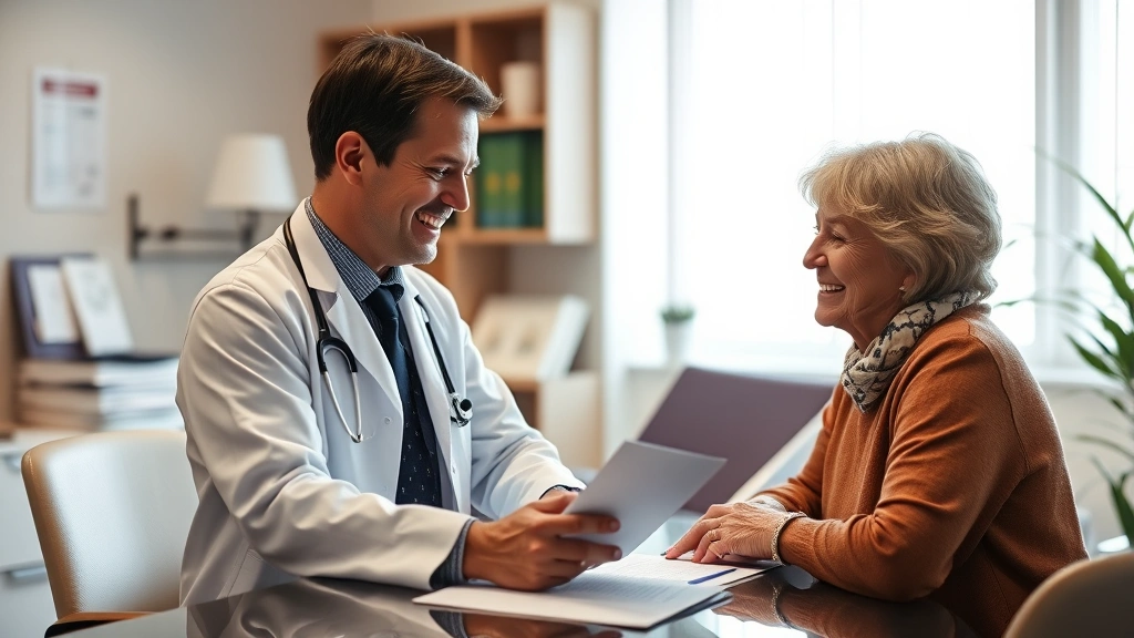 Healthcare provider in white coat reviewing medical documents at desk with patient, professional medical office setting, warm