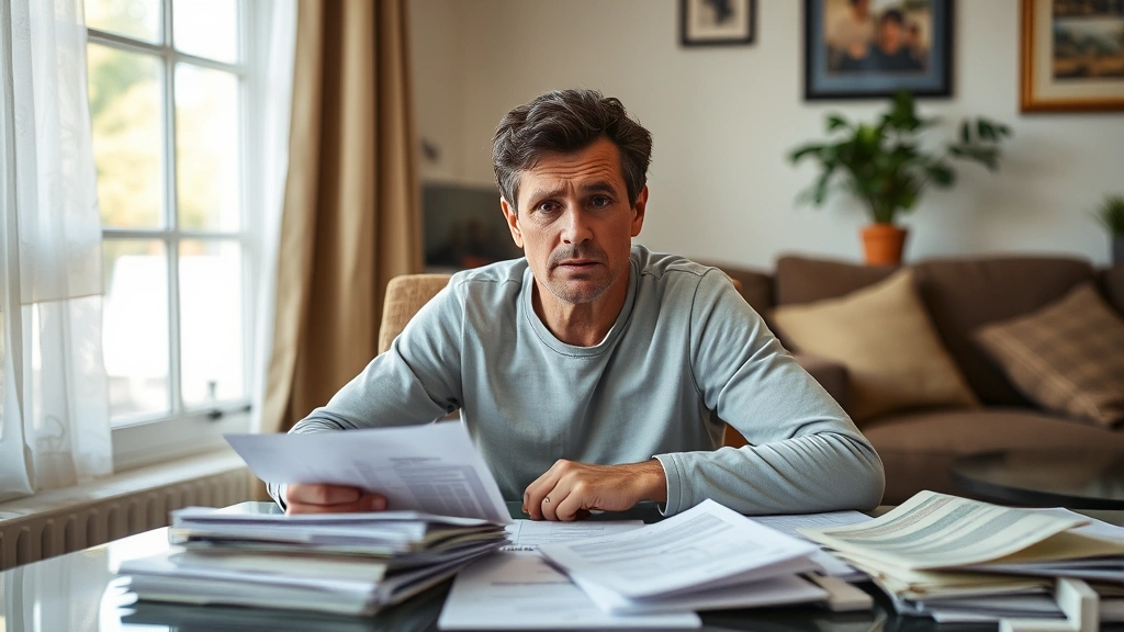 Person sitting at home with bills and financial documents spread on table, concerned expression, natural window lighting, rea