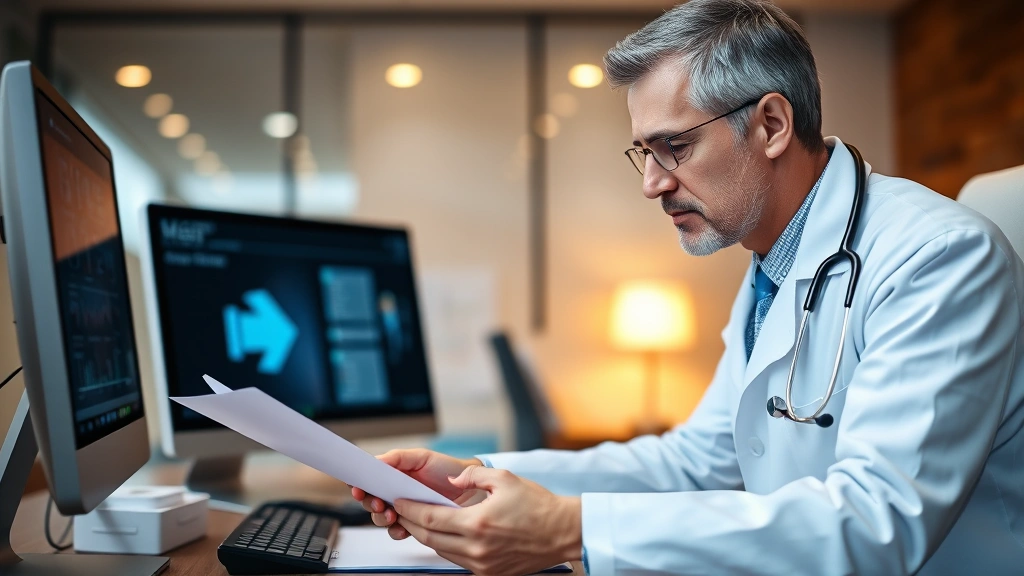 Doctor in white coat reviewing medical documents at desk with stethoscope and computer, professional healthcare setting with