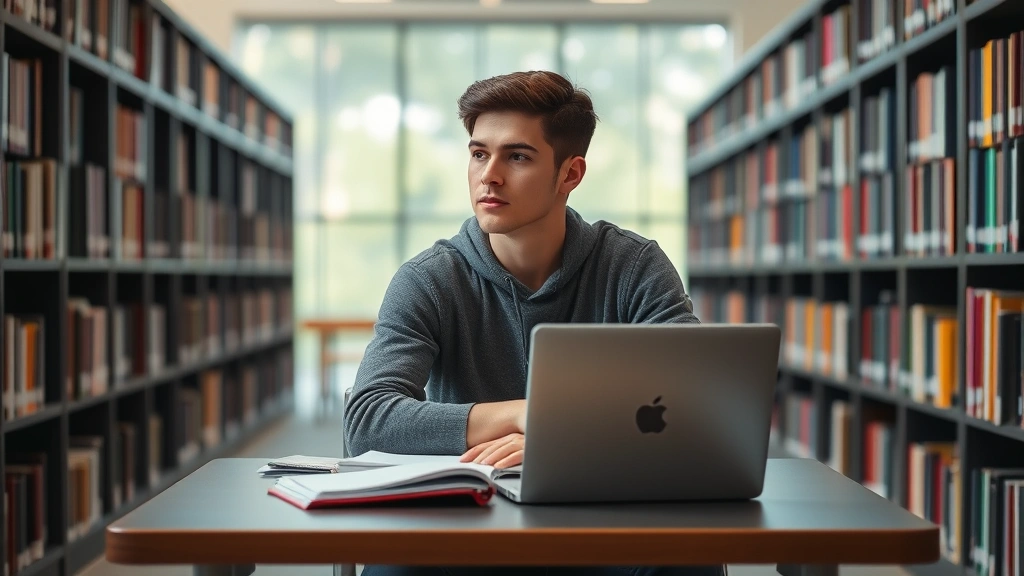 College student sitting at library desk with textbooks and laptop, studying with thoughtful expression, academic environment