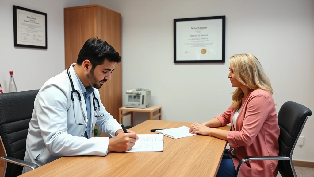 Healthcare provider writing notes while patient sits across from desk in medical office, professional consultation meeting wi