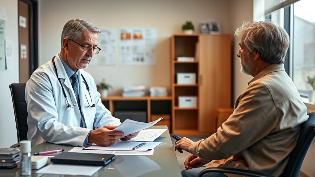 Doctor in white coat reviewing medical documents at desk with patient sitting across, warm professional lighting, healthcare