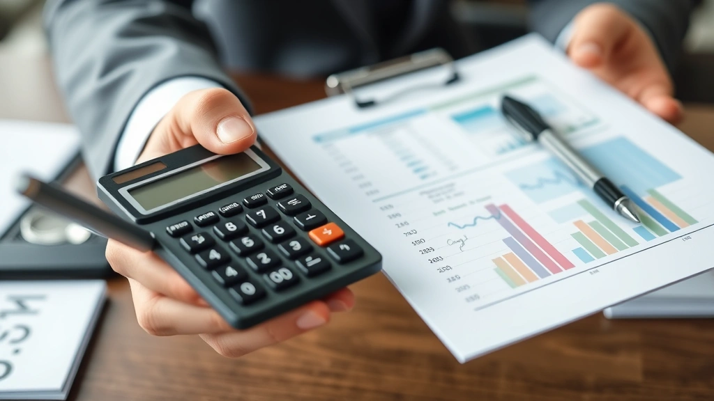 Close-up of hands holding medical paperwork and calculator with notepad showing financial calculations, professional workspac