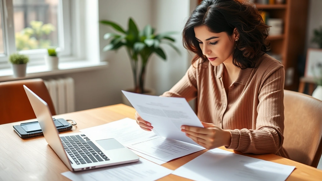 Diverse woman reviewing official medical letter at home with laptop and documents spread on table, thoughtful expression, nat