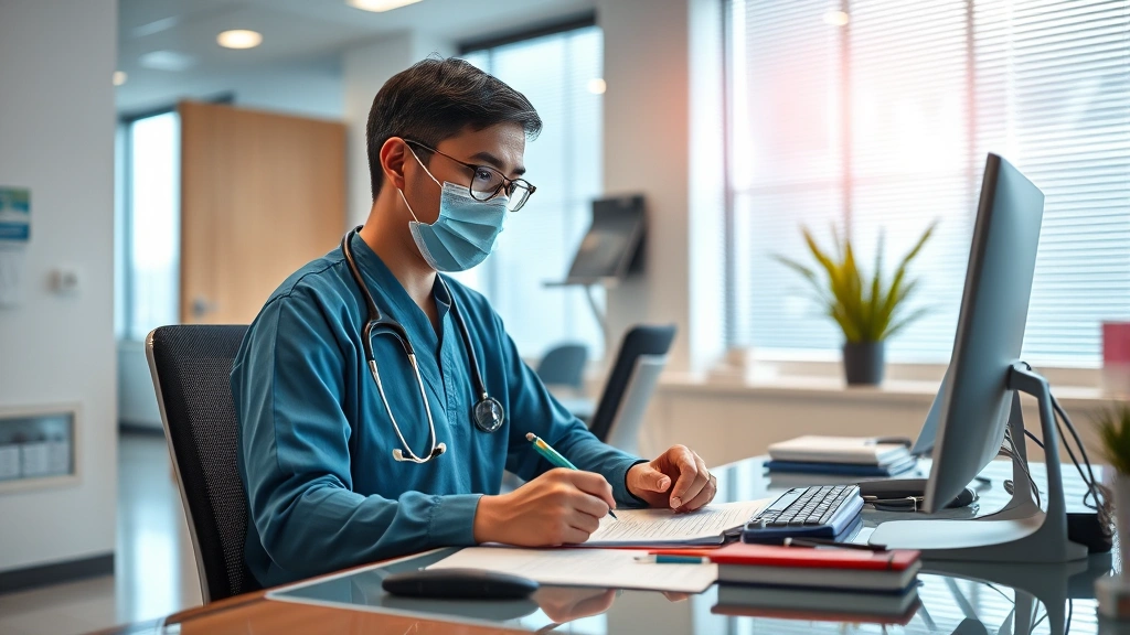 Healthcare provider sitting at desk writing medical documentation in bright modern clinic office with warm lighting