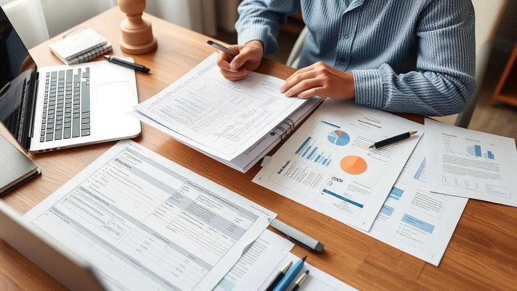 Person reviewing financial documents and medical records together at home office desk with laptop and papers
