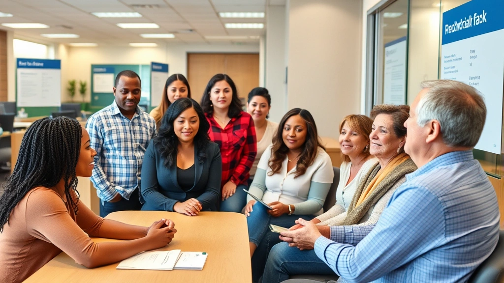 Diverse group of people in bank branch meeting with loan officer discussing financial hardship assistance options