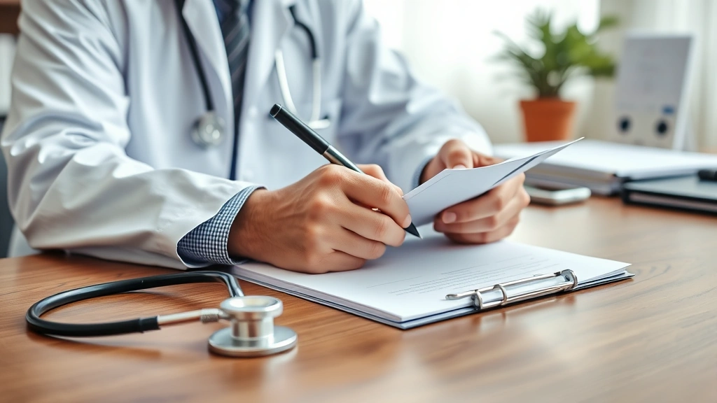 Doctor in white coat writing medical notes at wooden desk with patient file and stethoscope, professional healthcare office s