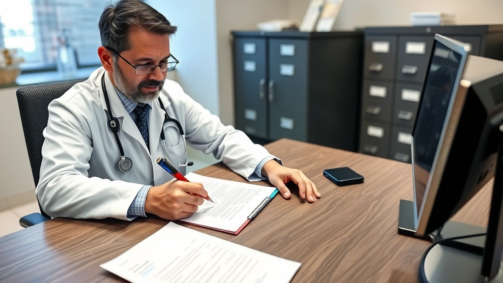Licensed healthcare provider signing official medical documentation on letterhead at clinical desk with computer and filing c