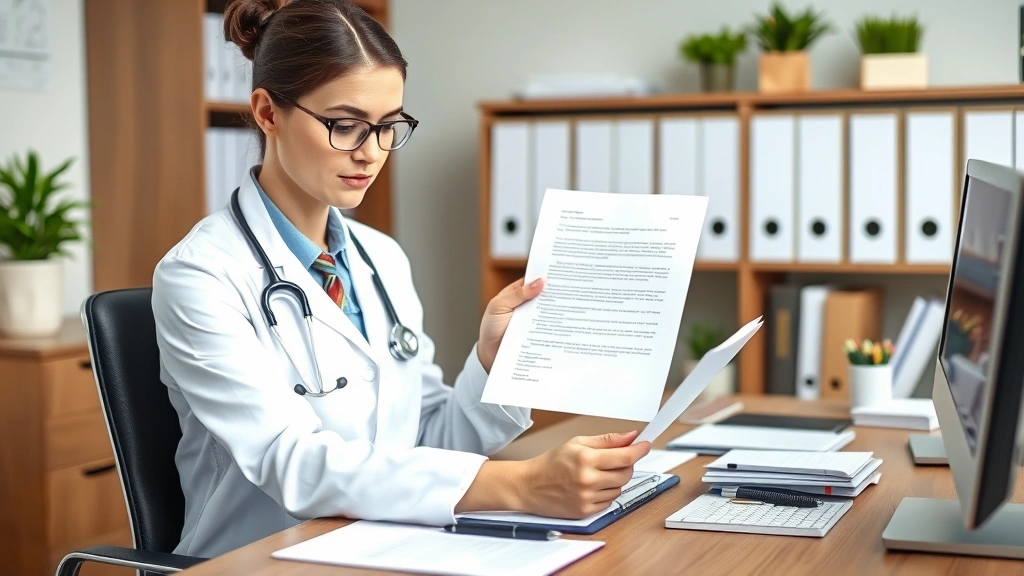 Medical professional in business attire reviewing patient records and preparing formal medical letter at organized office des