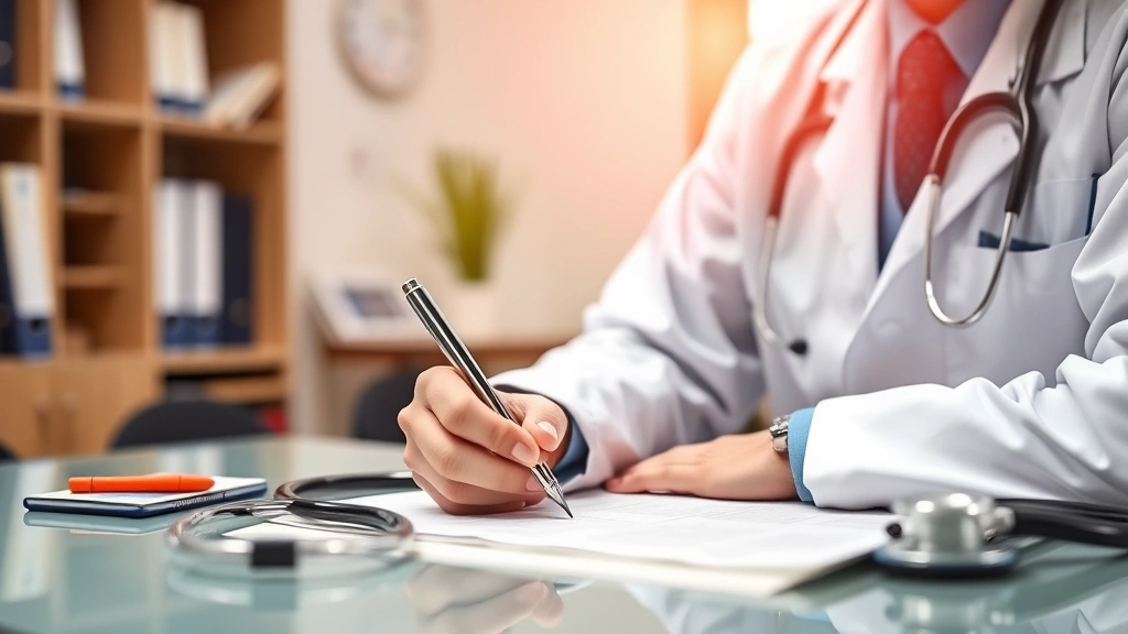Doctor at desk writing medical documentation with stethoscope visible, warm office lighting, professional healthcare setting