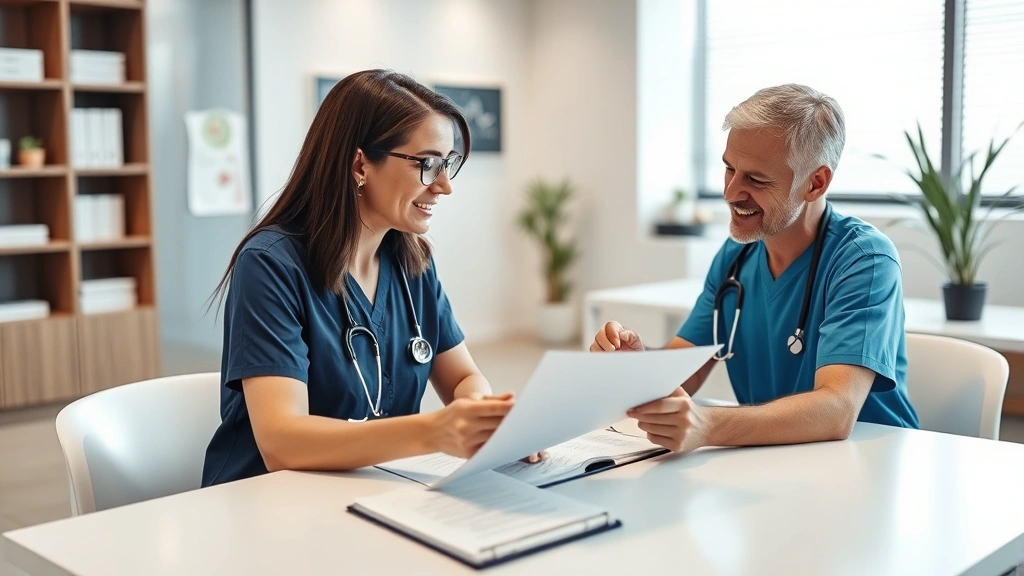 Patient and healthcare provider discussing medical records at clinic table, compassionate consultation, modern medical office