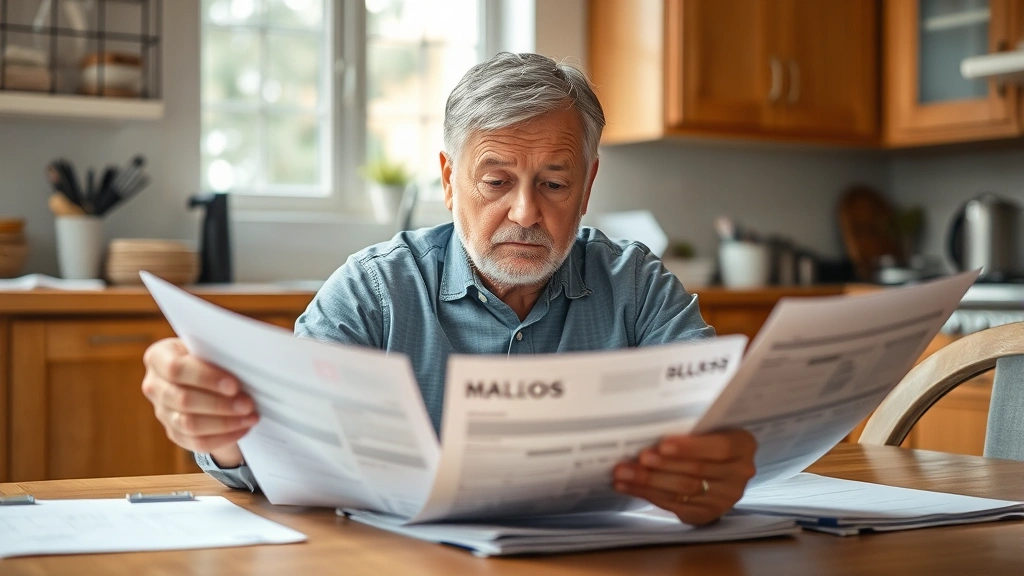 Middle aged person sitting at kitchen table reviewing medical documents and bills with concerned expression, natural lighting