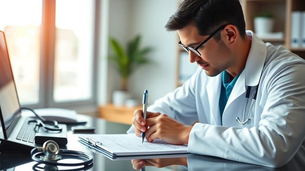 Healthcare provider in white coat writing notes at desk with patient file, warm office lighting, stethoscope nearby, professi