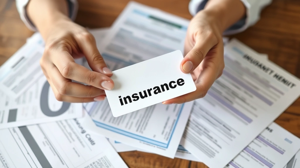 Hands holding medical insurance card and bills on wooden table, soft natural light, organized documentation scattered, no tex