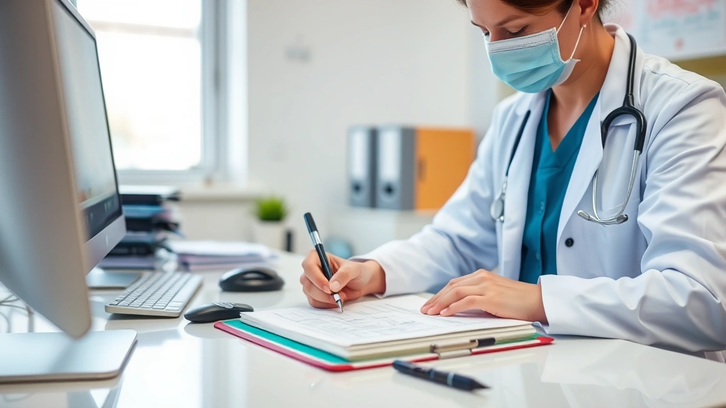 Healthcare provider writing medical documentation at office desk with patient file and computer