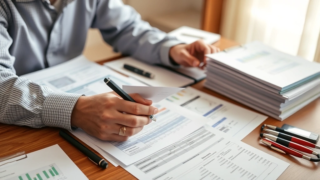 Person reviewing financial documents and medical bills spread on table with concerned expression