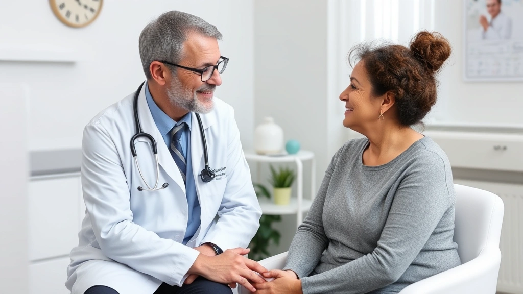 Doctor having supportive conversation with patient in clinical office setting discussing medical hardship