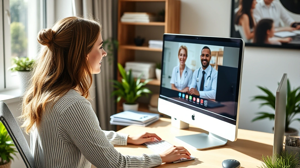 Person at computer during telehealth video call with healthcare provider, professional home office setting, natural lighting