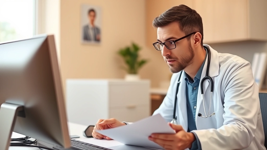 Healthcare provider in white coat reviewing medical documents at desk with computer, focused professional expression, warm cl