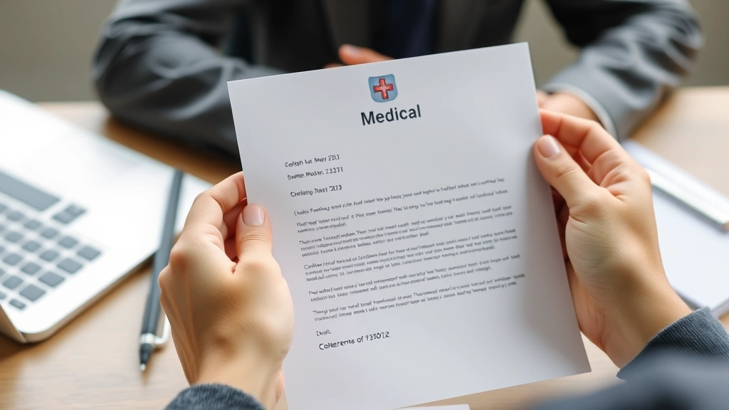 Hands holding official medical letter document with letterhead, sitting at table with laptop nearby, natural soft lighting