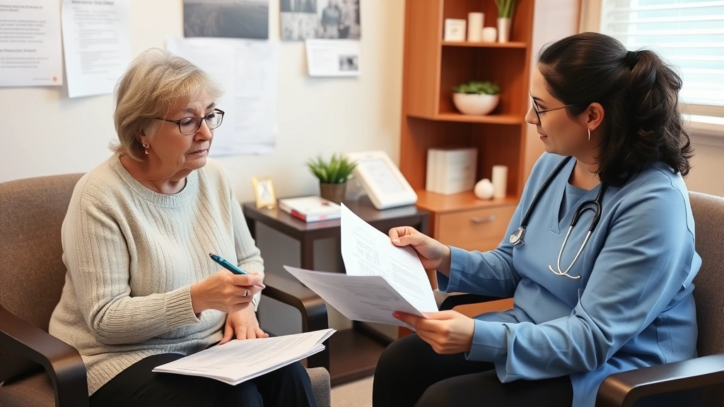 Patient meeting with healthcare provider to discuss medical documentation and financial hardship, warm clinical office settin