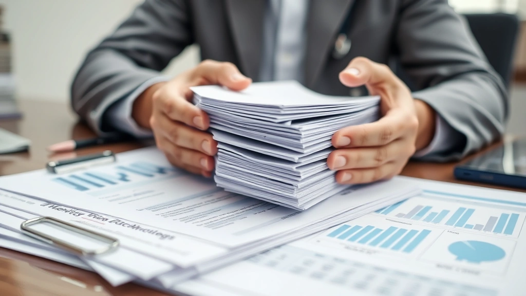 Close-up of hands holding organized medical records and financial documents on desk, professional office environment, showing